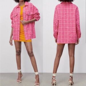 Zara Hot Pink Plaid Tweed Women's Shirt Jacket / Shacket